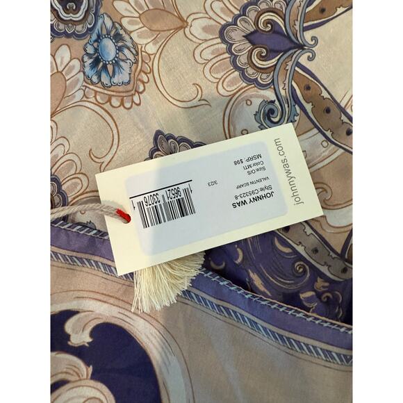 Johnny Was Valentin Silk Patchwork Tassel Detail Scarf Blue Taupe - Picture 7 of 9